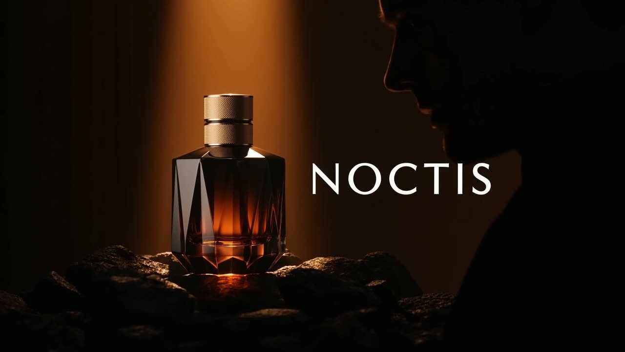 NOCTIS fragrance bottle lit in amber shadow